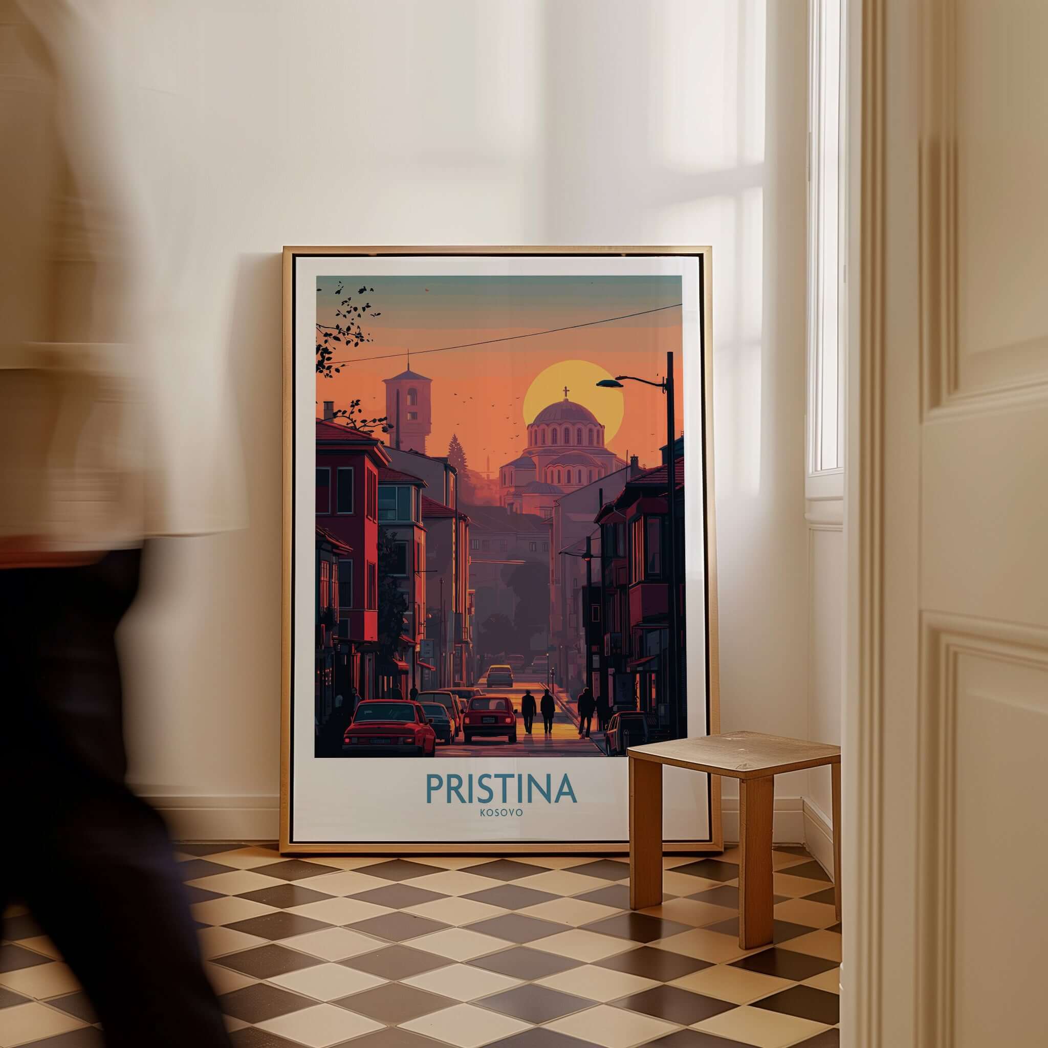 Pristina Kosovo Street Sunset Art Print | Christ the Saviour Church Poster displayed in a modern interior setting.