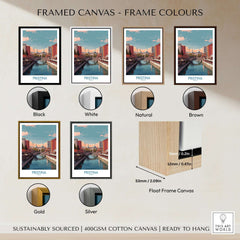 Pristina Kosovo River View Art Print | Cityscape Poster framed canvas options in various colors including black, white, and gold.