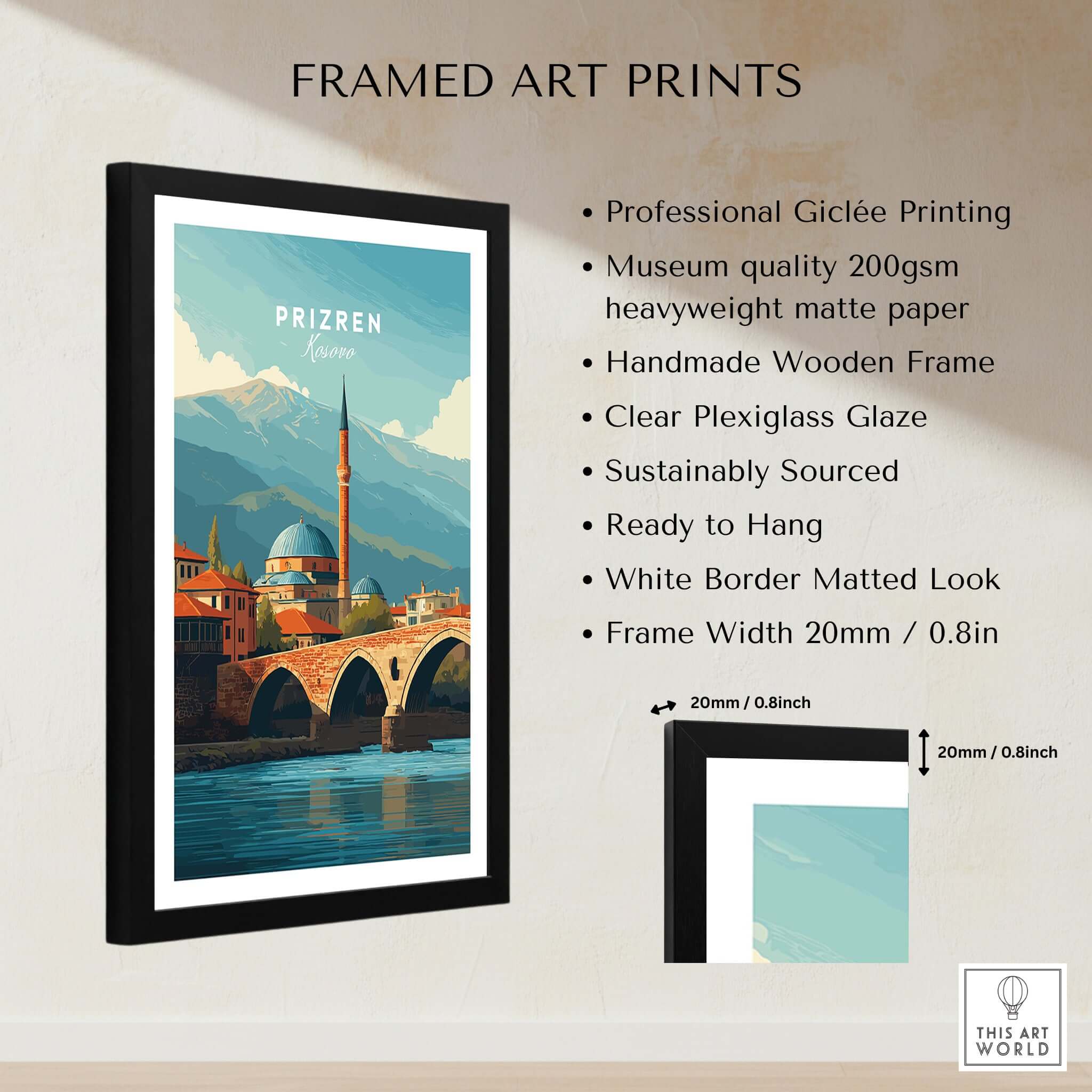 Prizren Bistrica River Old Town Canvas Print | Balkan Travel Wall Decor framed art print showcasing stunning landscape.