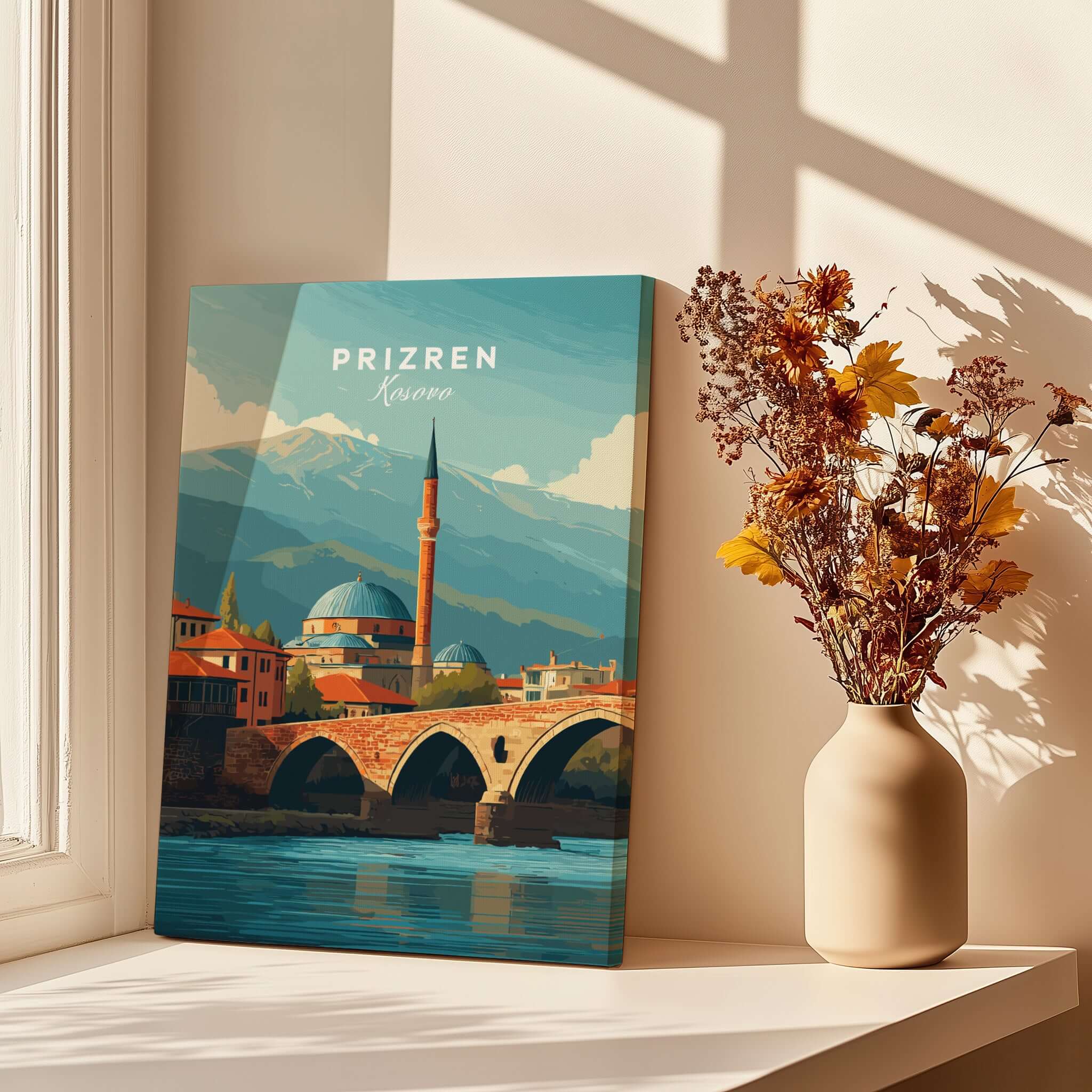 Prizren Bistrica River Old Town Canvas Print | Balkan Travel Wall Decor showcasing Kosovo's historic architecture.