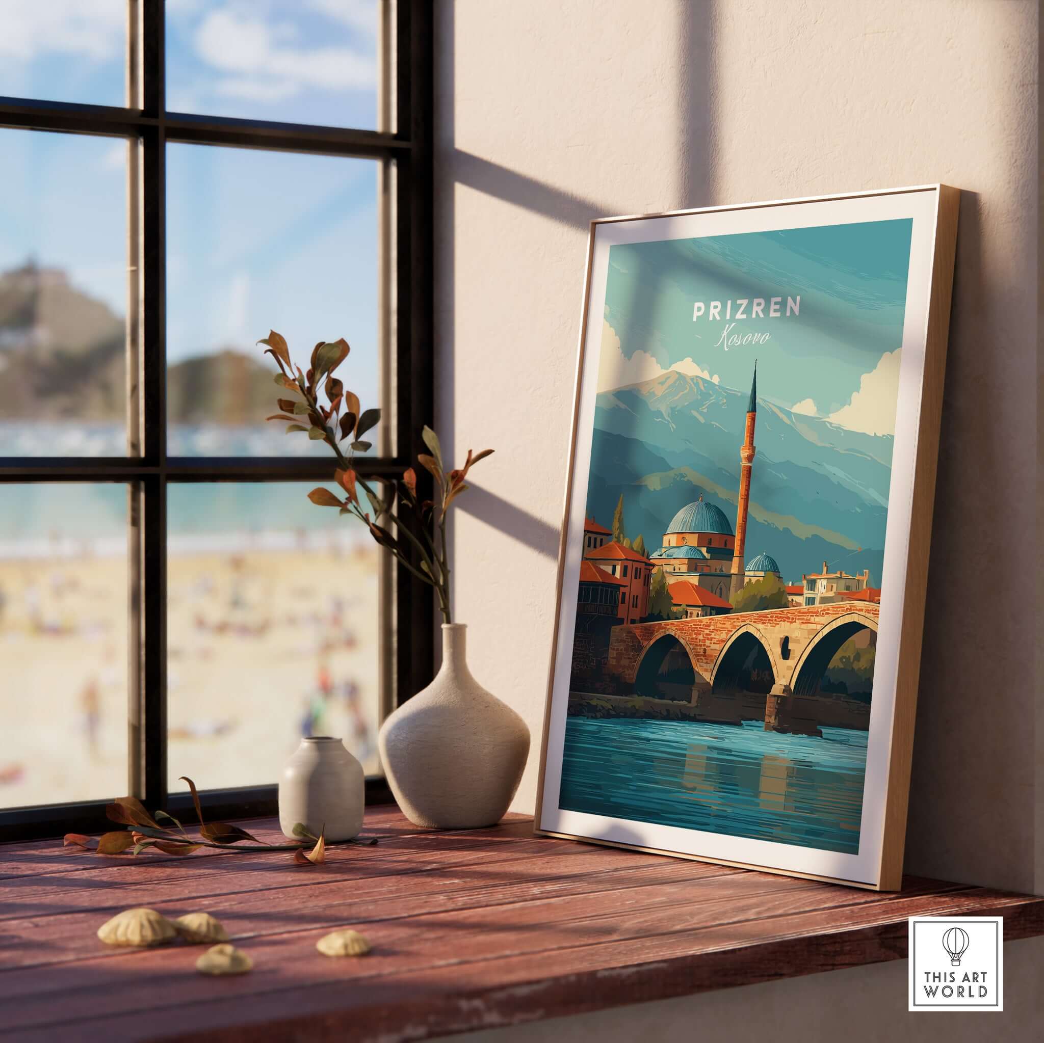 Prizren Bistrica River Old Town Canvas Print | Balkan Travel Wall Decor displayed on a windowsill with a scenic view.