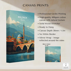 Prizren Bistrica River Old Town Canvas Print | Balkan Travel Wall Decor showcasing Giclée printing and natural texture.