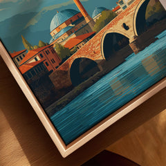 Prizren Bistrica River Old Town Canvas Print | Balkan Travel Wall Decor showing historic architecture by the river.