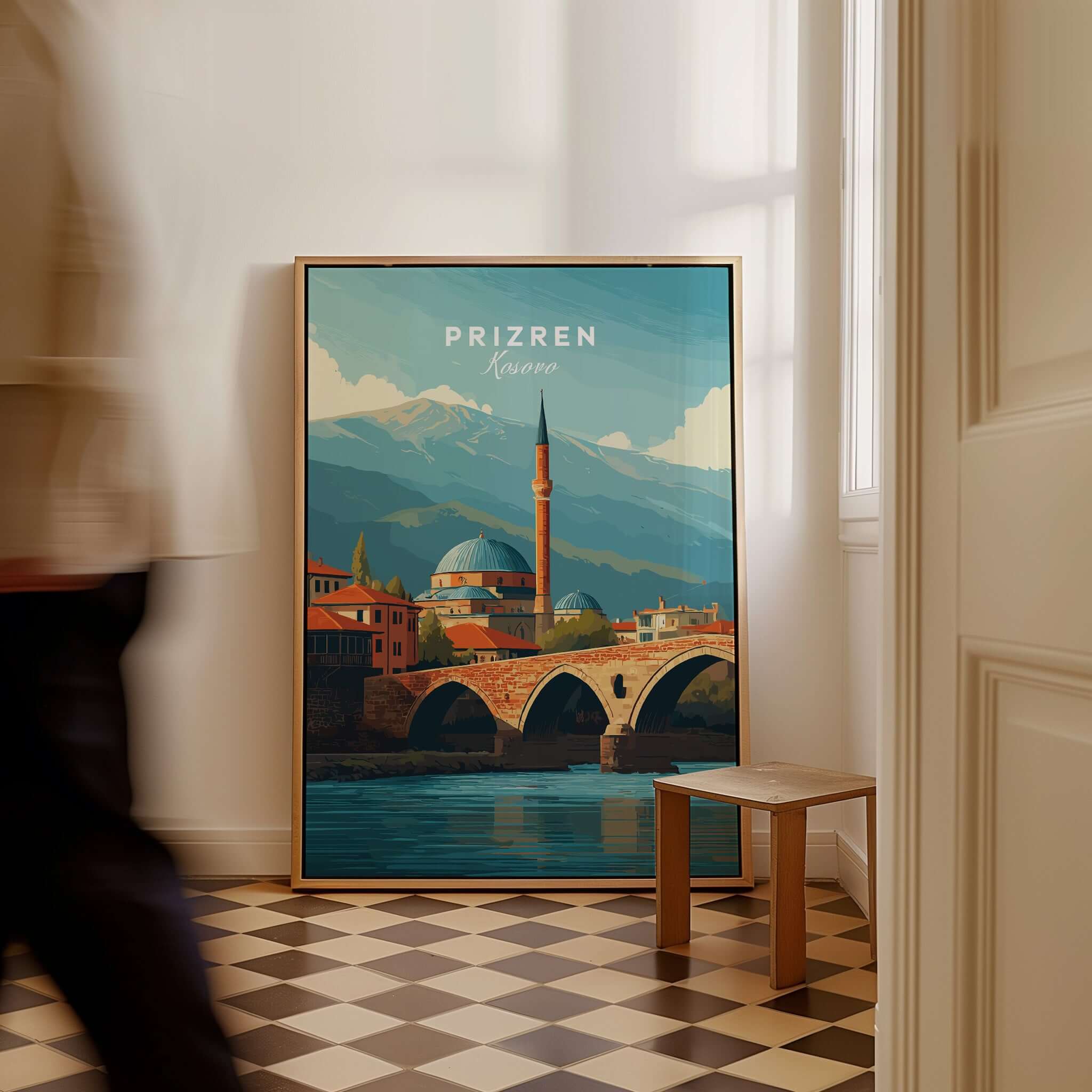 Prizren Bistrica River Old Town Canvas Print | Balkan Travel Wall Decor displayed in a stylish interior setting.