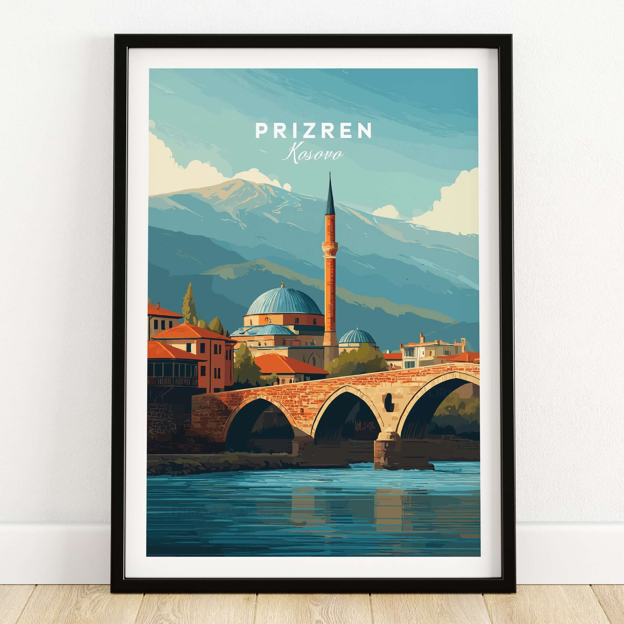 Prizren Bistrica River Old Town Canvas Print | Balkan Travel Wall Decor featuring the iconic architecture of Prizren.