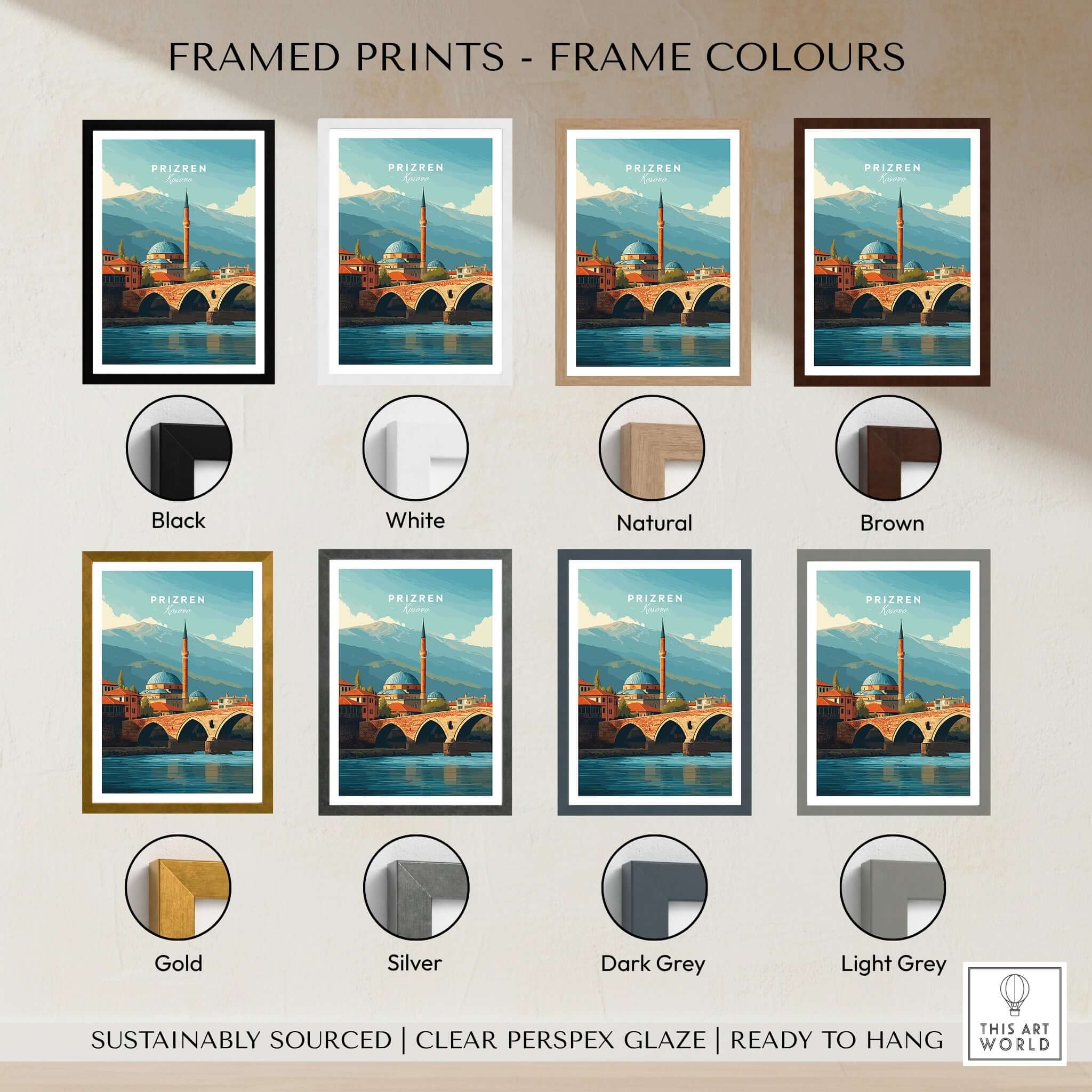 Prizren Bistrica River Old Town Canvas Print | Balkan Travel Wall Decor framed print color options display