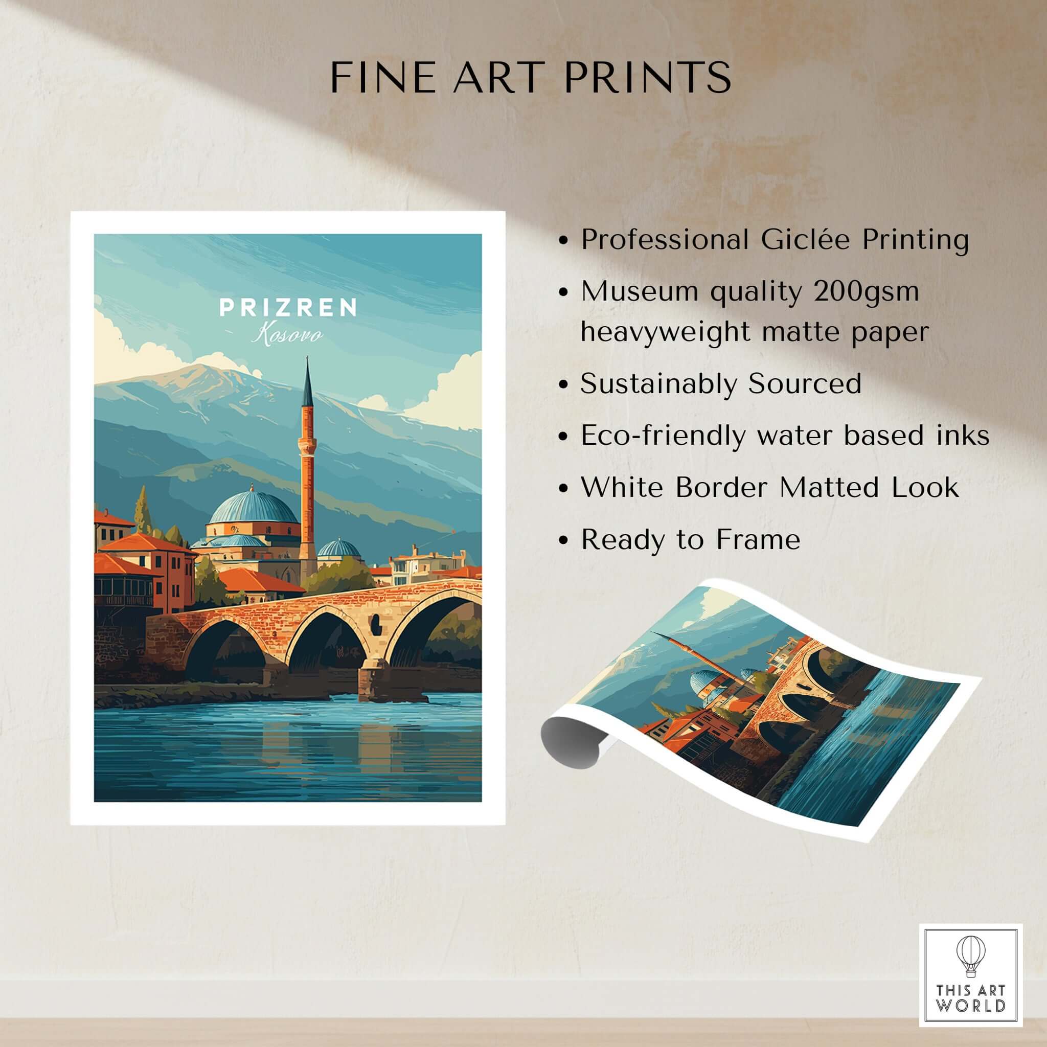 Prizren Bistrica River Old Town Canvas Print | Balkan Travel Wall Decor showcasing river and architecture