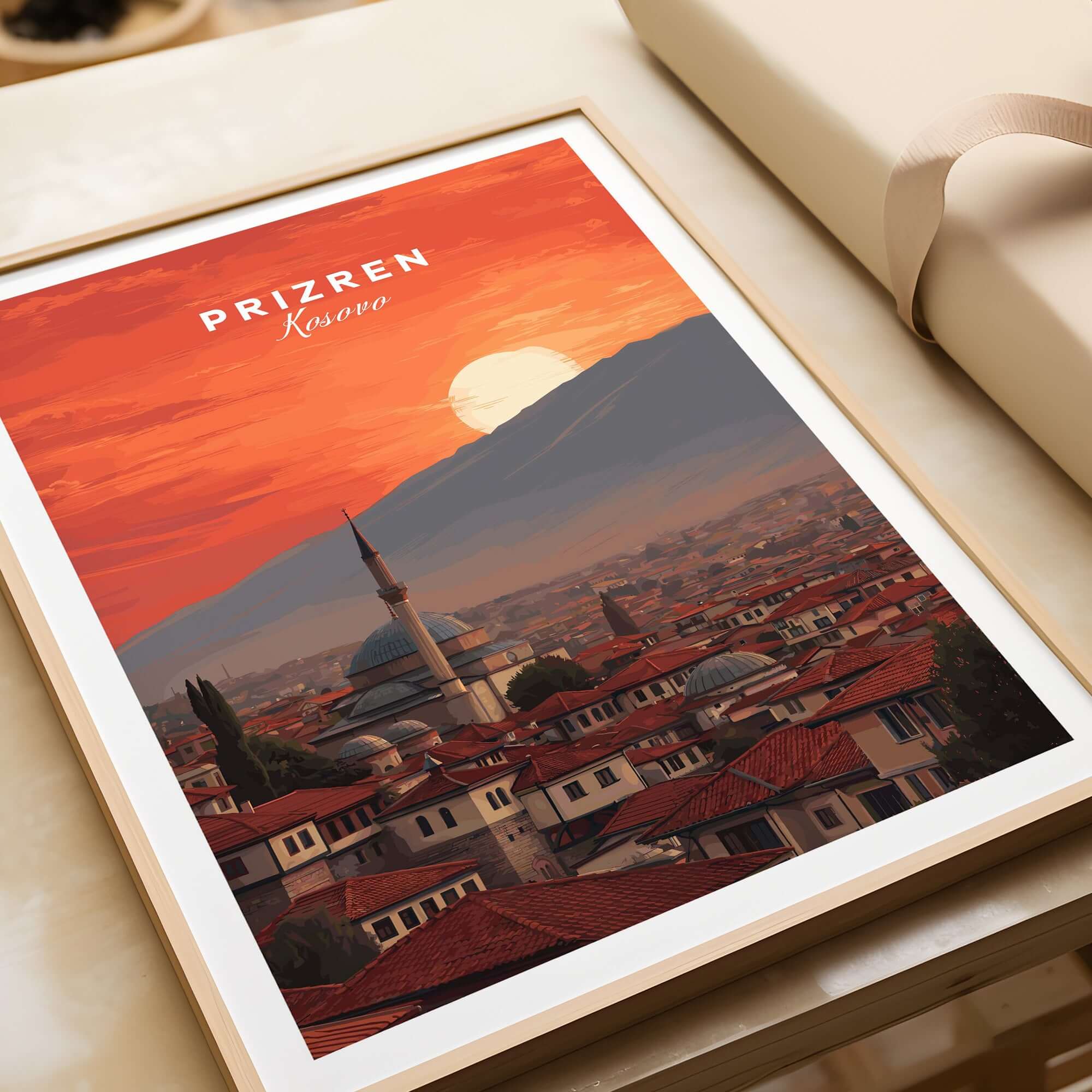 Prizren Canvas Art Print | Balkan Wall Decor depicting sunset view of Prizren city with vibrant colors.