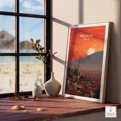 Prizren Canvas Art Print | Balkan Wall Decor framed in a bright room with mountains and beach in the background.
