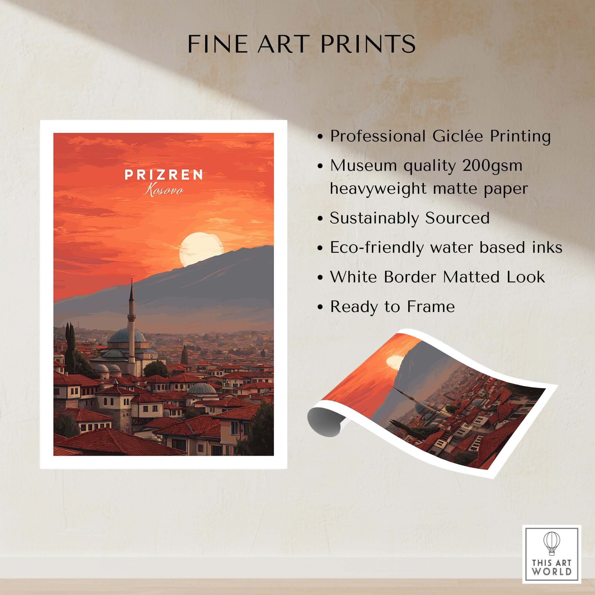 Prizren Canvas Art Print | Balkan Wall Decor showcasing sunset over Prizren, capturing its rich architecture and charm.