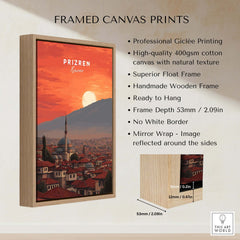 Prizren Canvas Art Print | Balkan Wall Decor showcasing a framed print of the scenic city at sunset.