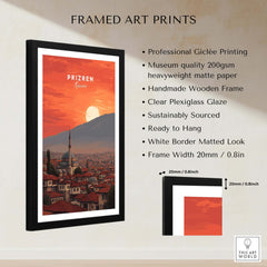Prizren Canvas Art Print | Balkan Wall Decor showcasing framed art featuring Prizren's stunning sunset cityscape.