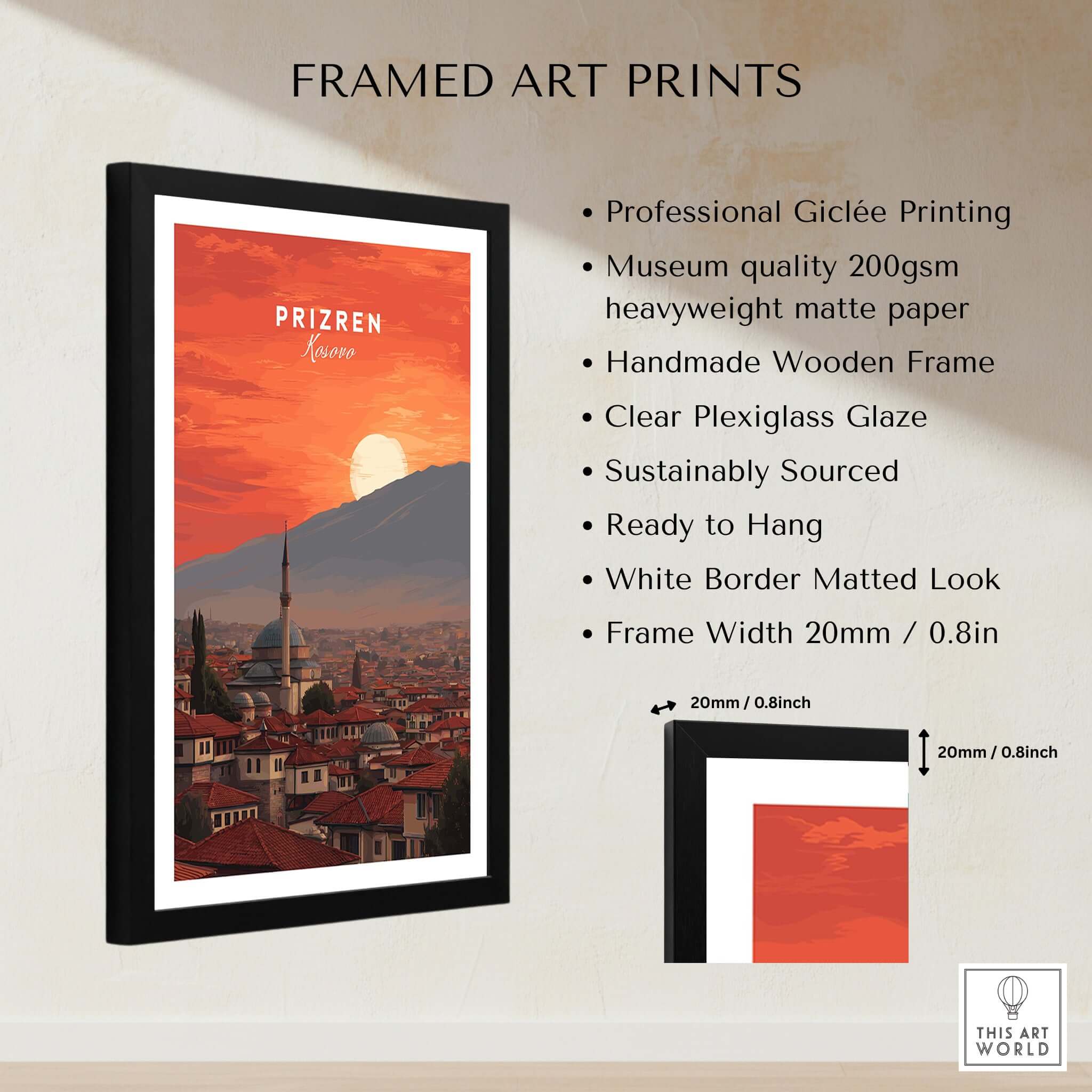 Prizren Canvas Art Print | Balkan Wall Decor showcasing framed art featuring Prizren's stunning sunset cityscape.