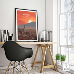 Prizren Canvas Art Print | Balkan Wall Decor displayed in a minimalist decor setting with a modern chair.
