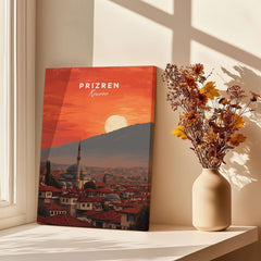 Prizren Canvas Art Print | Balkan Wall Decor showcasing a stunning sunset over Prizren's skyline.