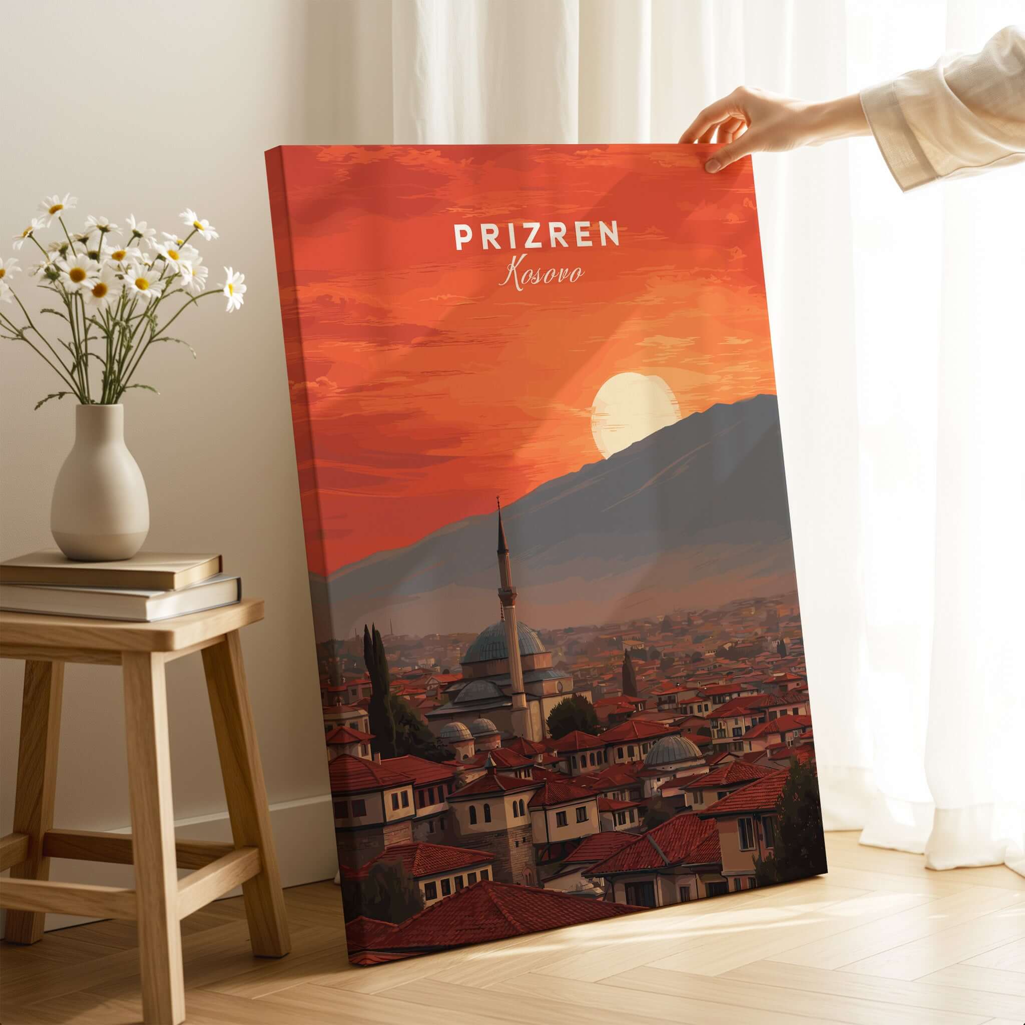 Prizren Canvas Art Print | Balkan Wall Decor showcasing sunset over Prizren with city architecture.