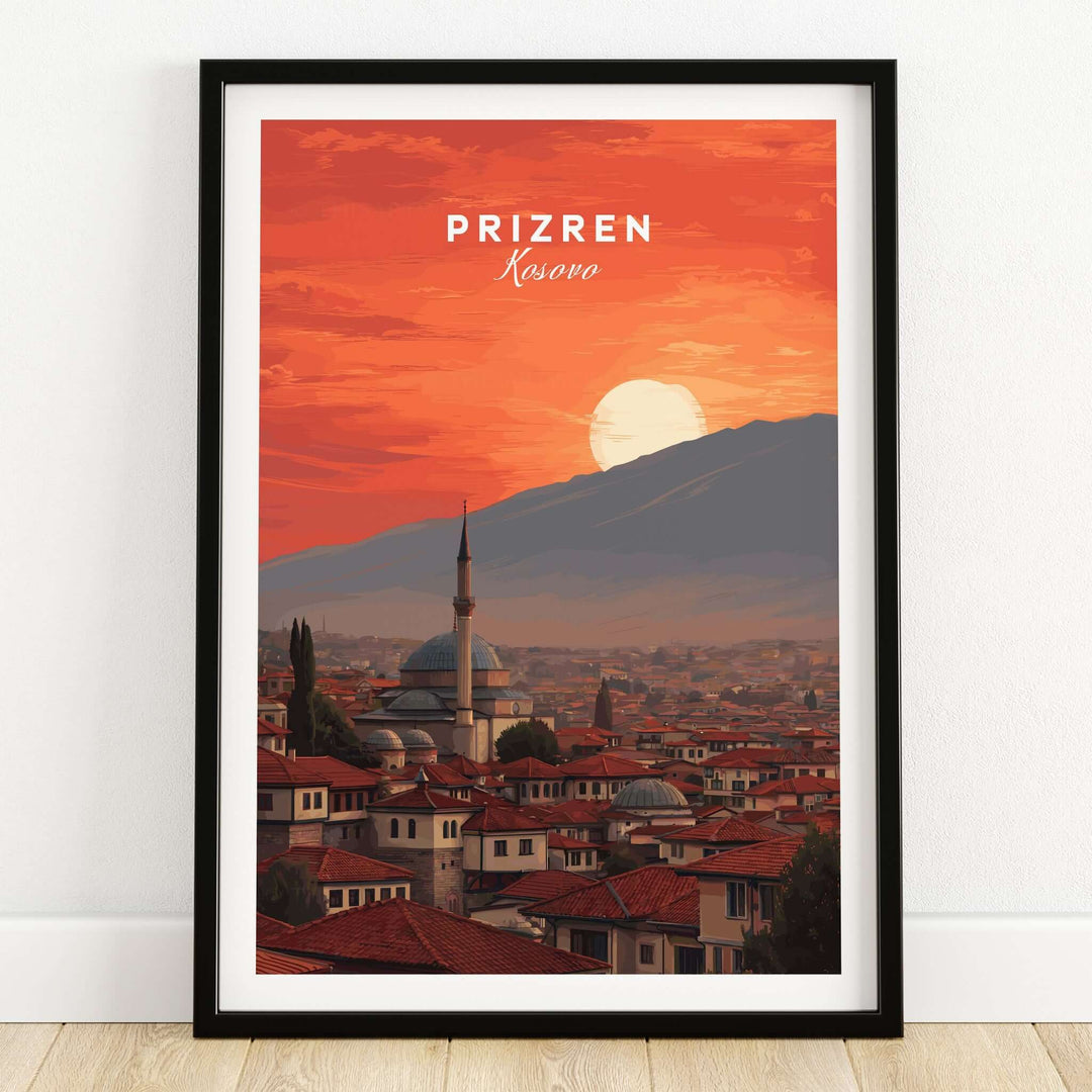 Prizren Canvas Art Print | Balkan Wall Decor - sunset over Prizren with traditional architecture.