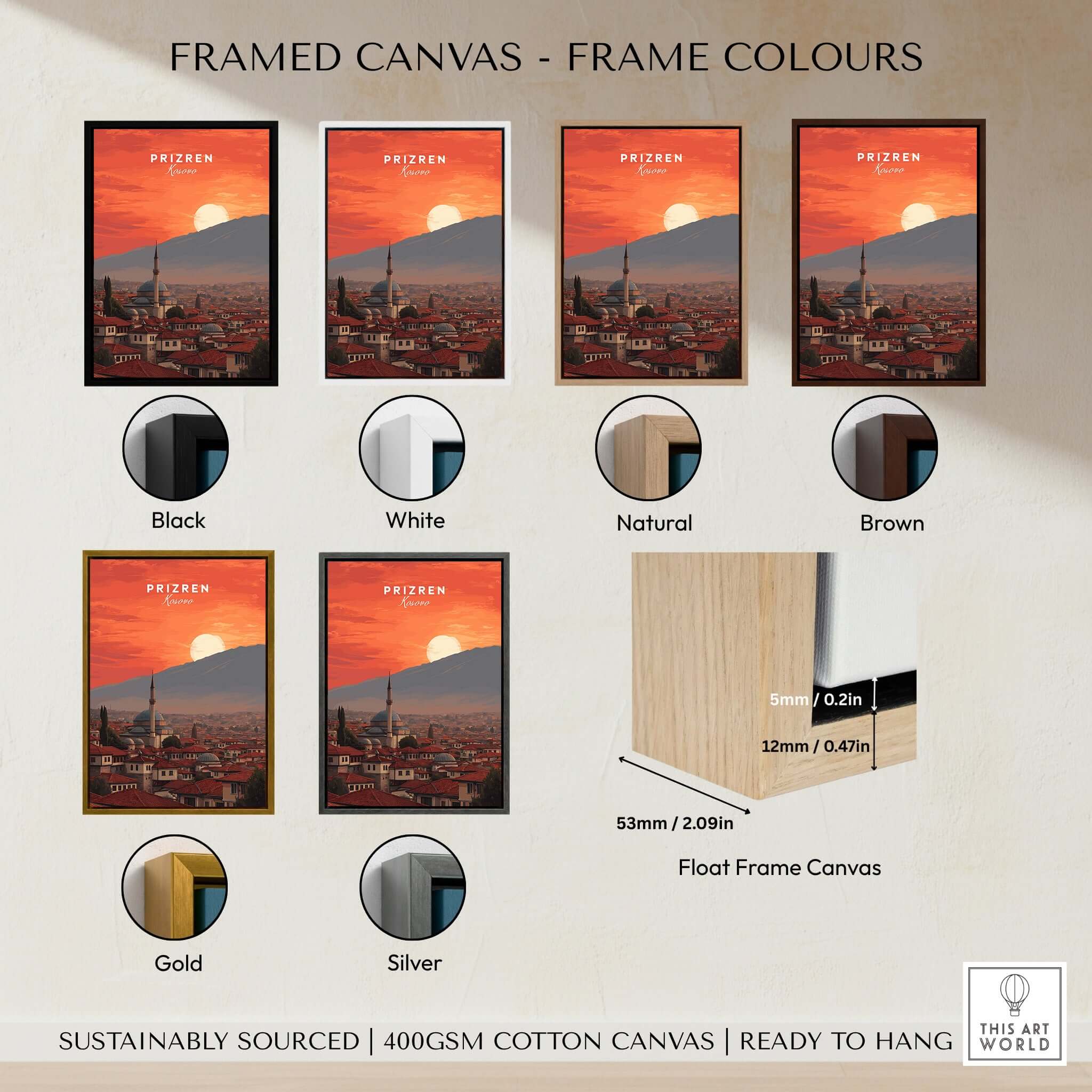 Prizren Canvas Art Print | Balkan Wall Decor framed canvas color options in black, white, natural, brown, gold, and silver