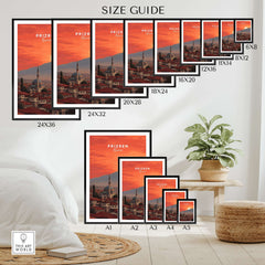 Prizren Canvas Art Print | Balkan Wall Decor size guide showcasing various frame sizes against a stylish interior background.
