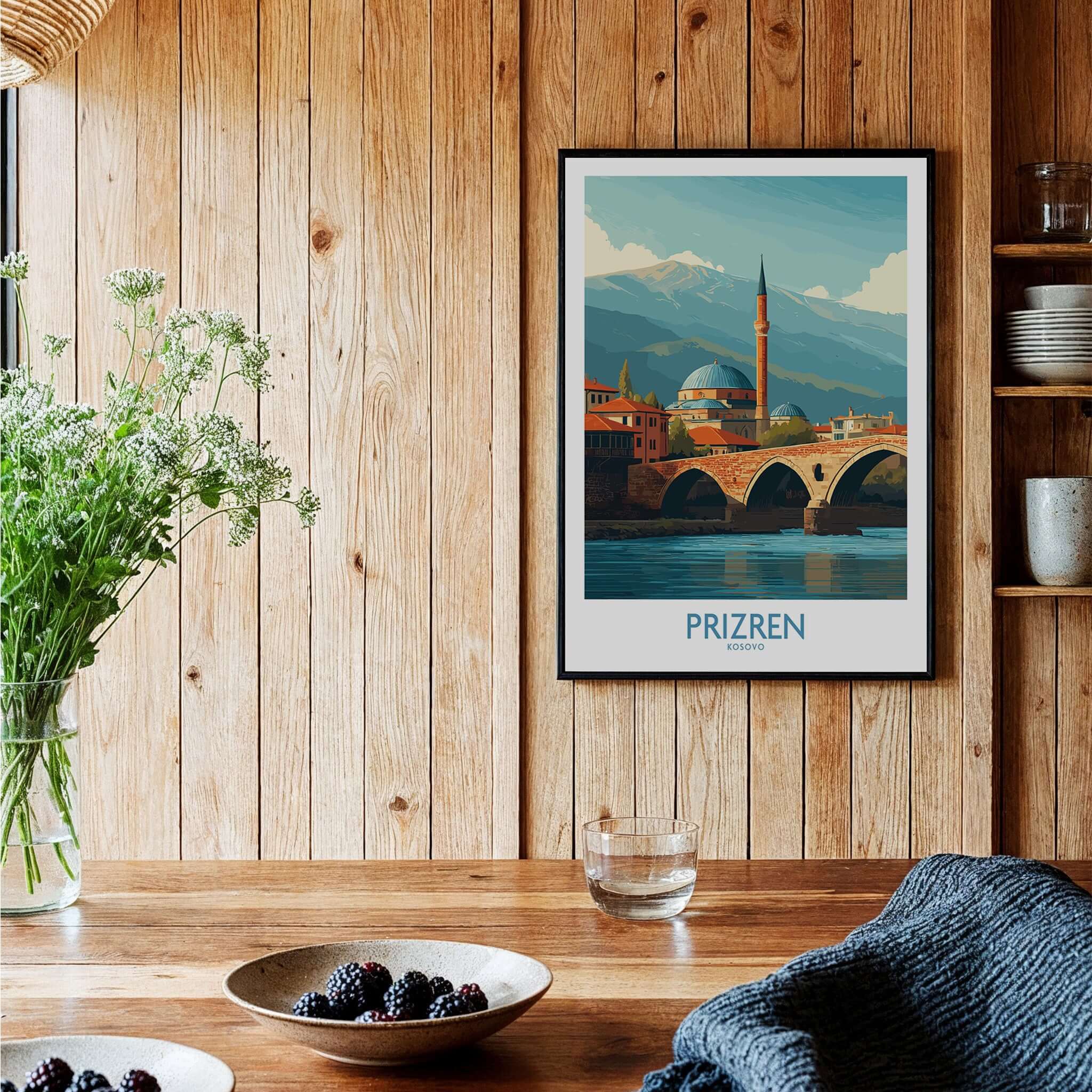 Prizren Kosovo Art Print displayed in a cozy interior showcasing its artistic charm and cultural significance.