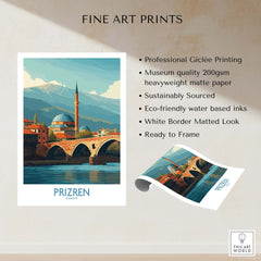 Prizren Kosovo Art Print featuring a picturesque scene of the city with a bridge and mountains, showcasing stunning detail.