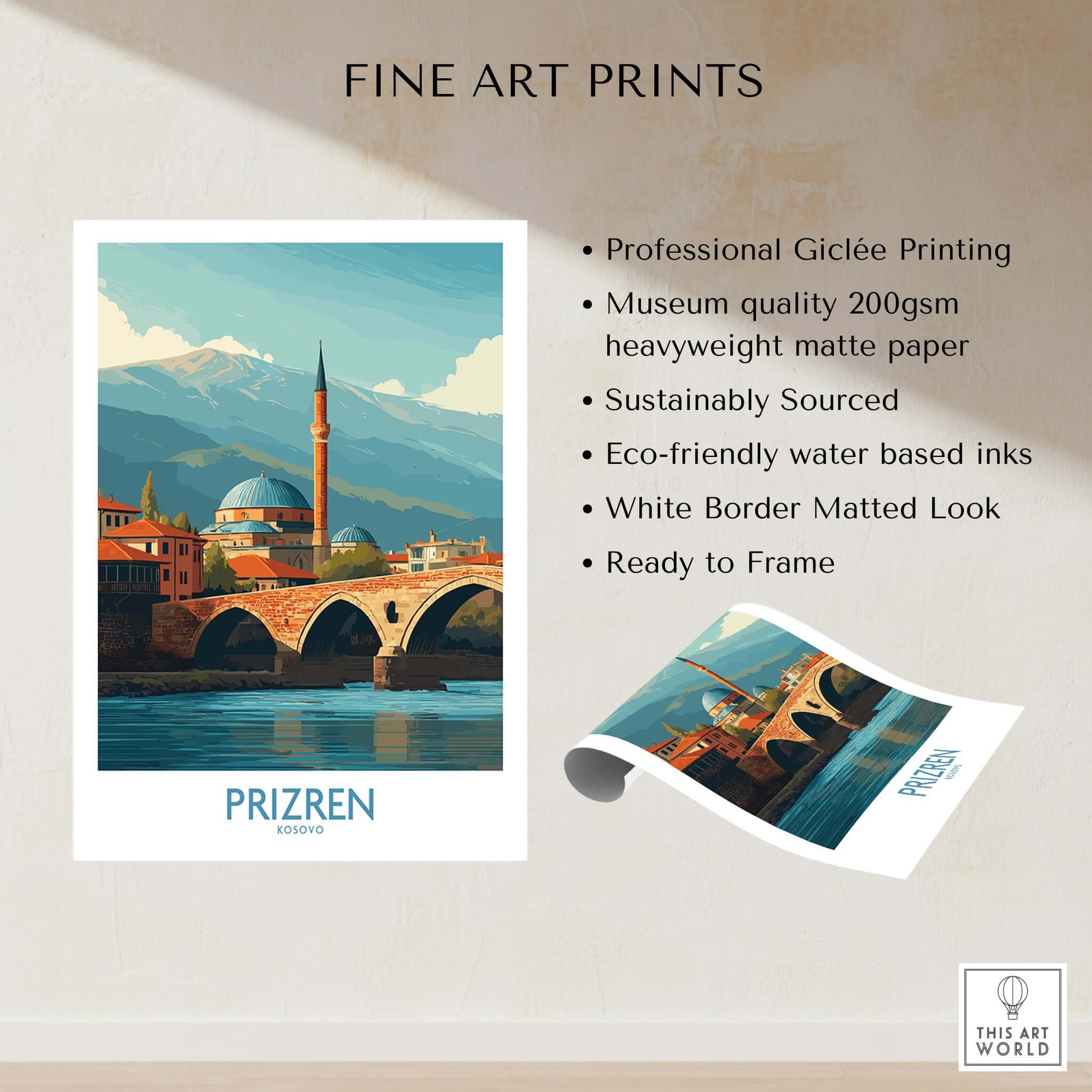 Prizren Kosovo Art Print featuring a picturesque scene of the city with a bridge and mountains, showcasing stunning detail.