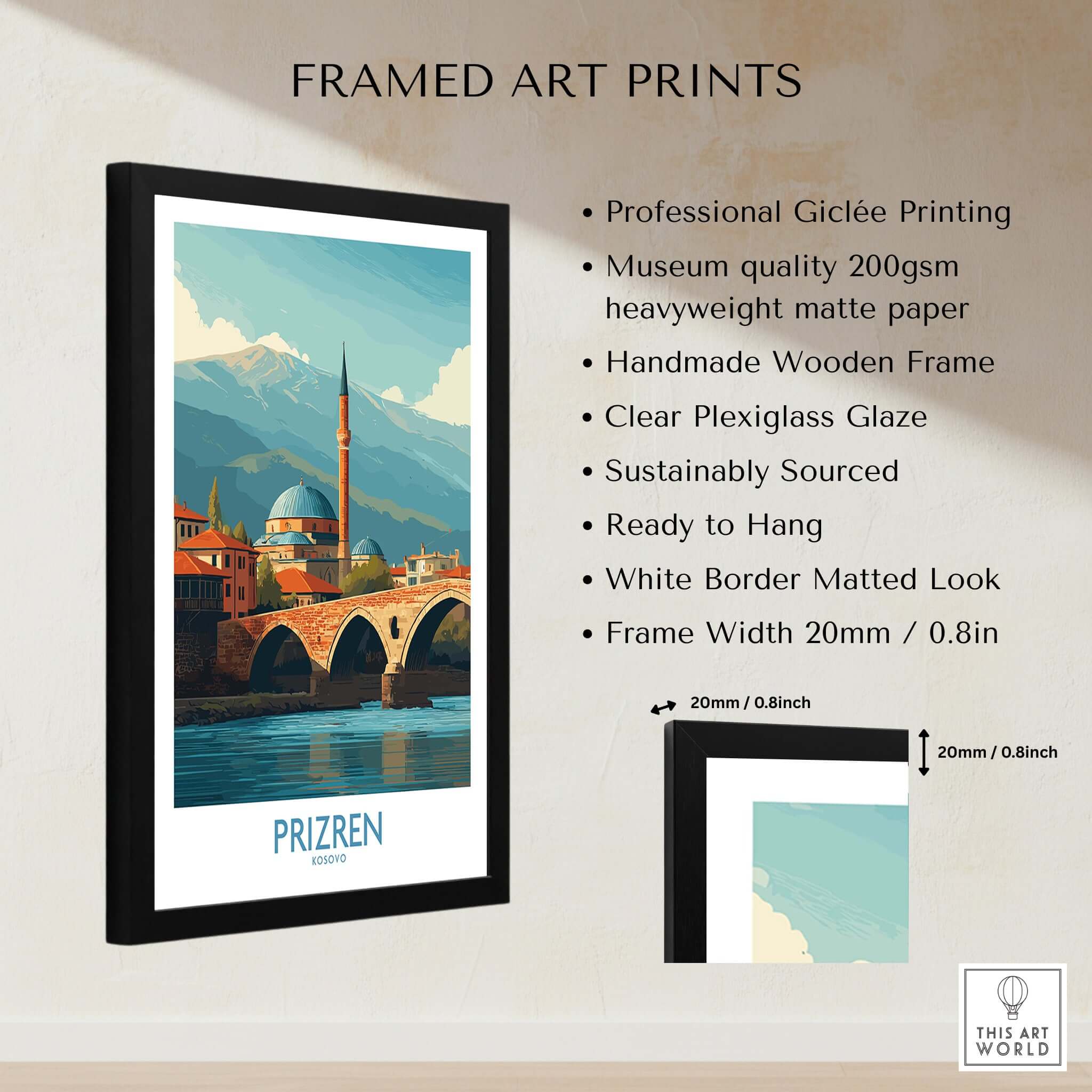 Prizren Kosovo Art Print framed with a clear plexiglass glaze, showcasing the picturesque cityscape of Prizren.
