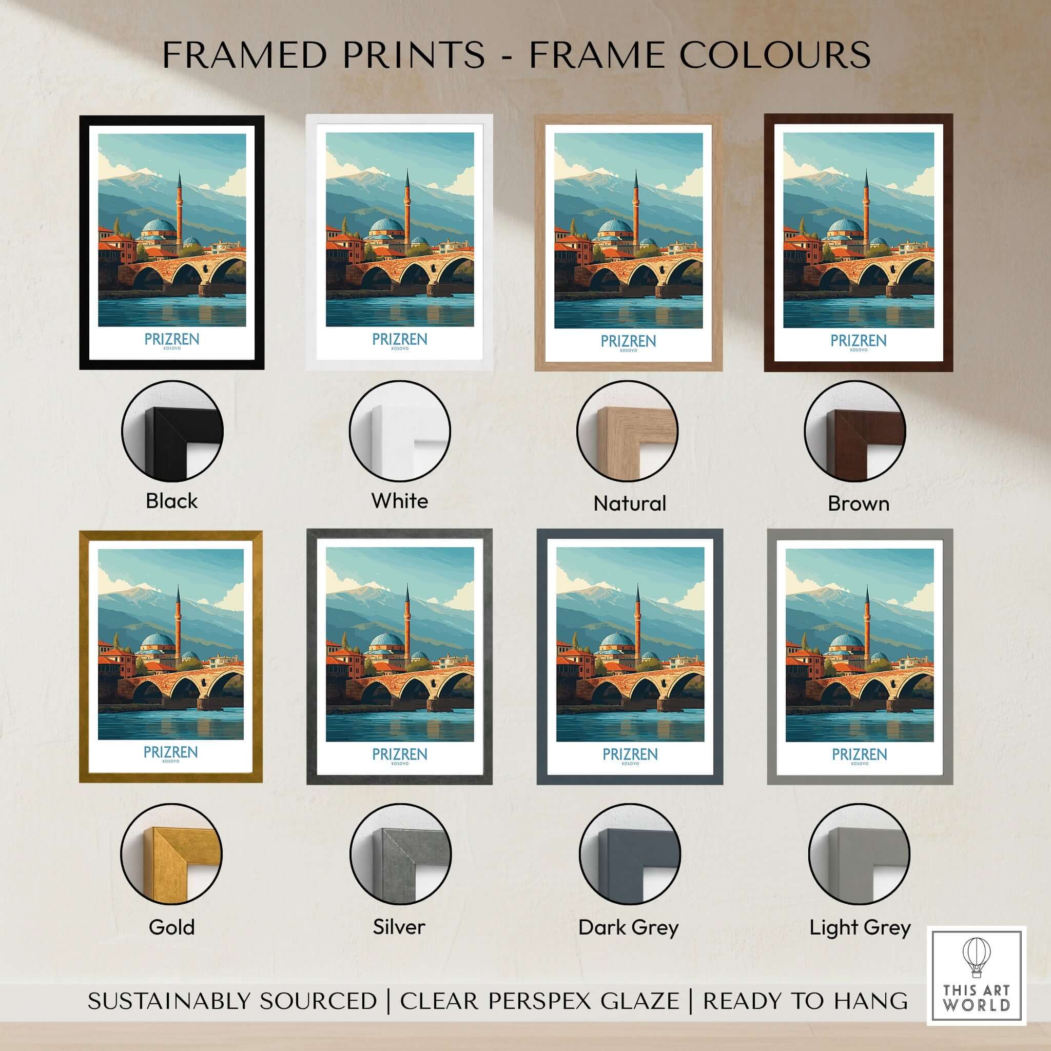 Framed prints available in various colors for Prizren Kosovo Art Print - Black, White, Natural, Brown, Gold, Silver, Dark Grey, Light Grey.