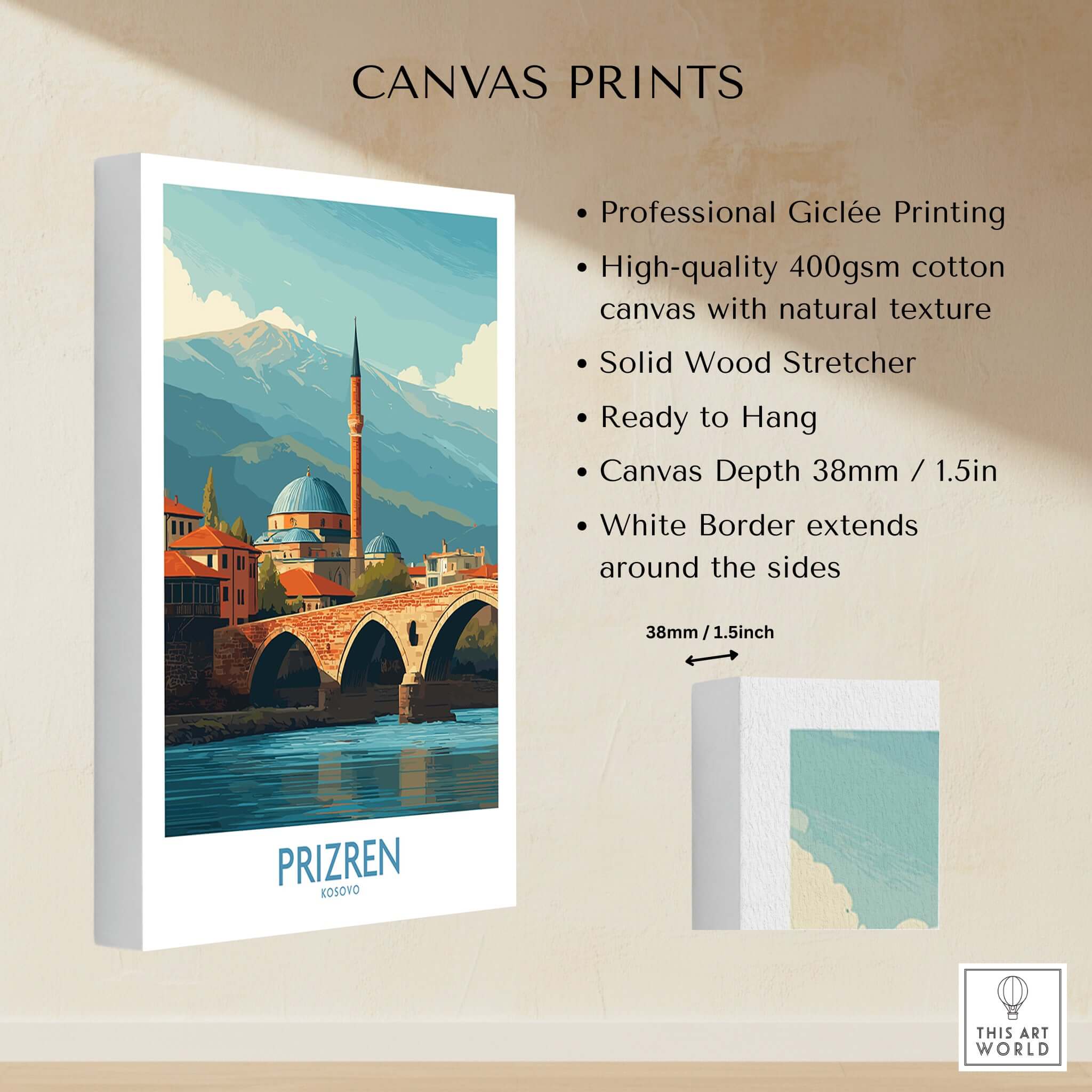 Prizren Kosovo Art Print showcasing professional Giclée printing on high-quality cotton canvas with a stunning design.