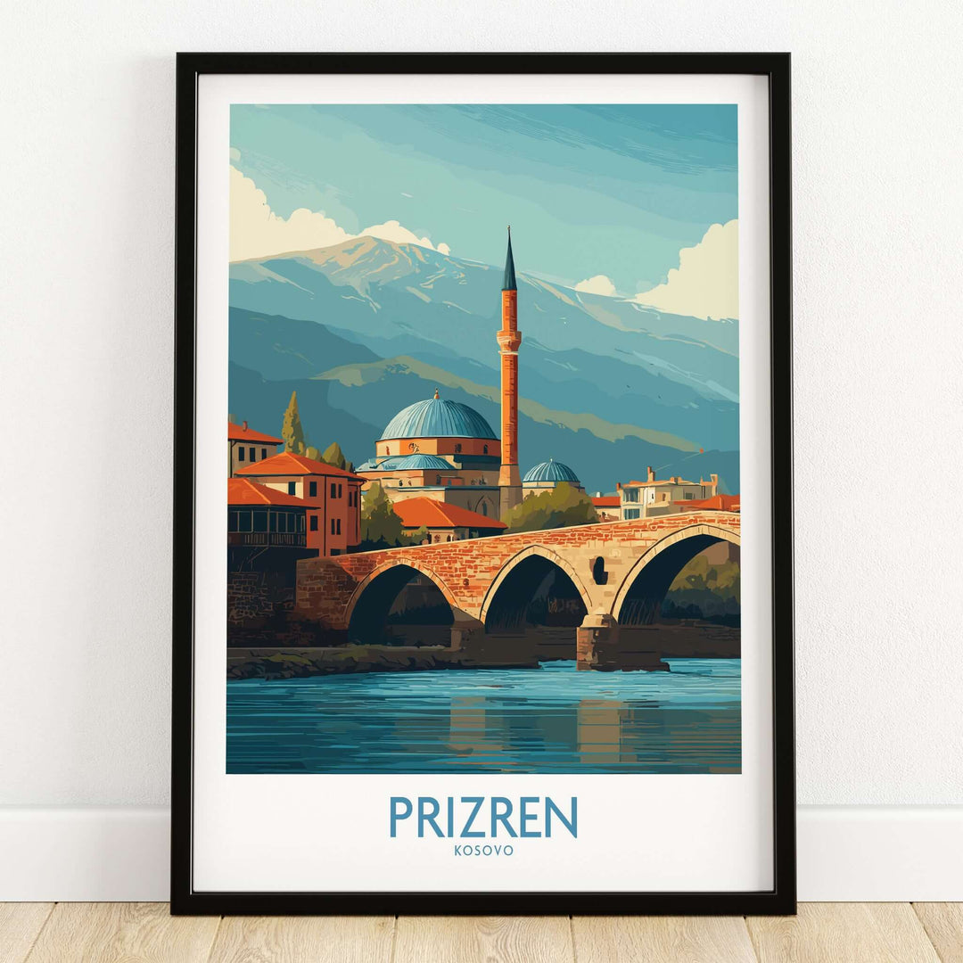 Prizren Kosovo Art Print showcasing a vibrant illustration of Prizren with historic architecture and mountains.