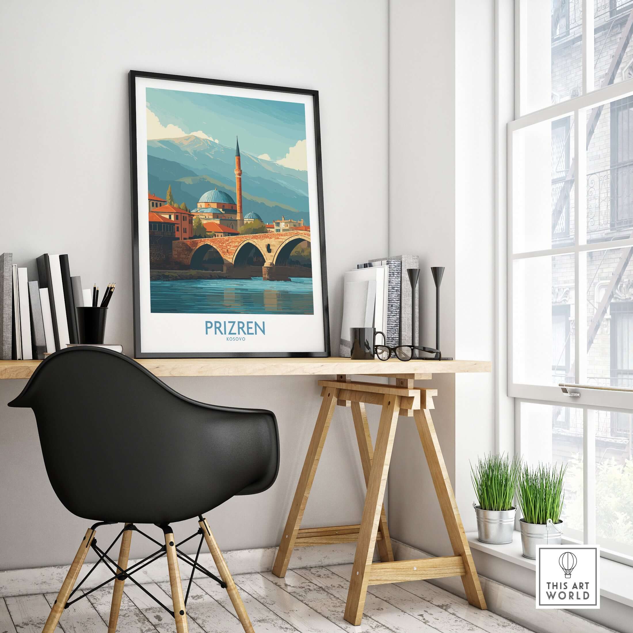 Prizren Kosovo Art Print displayed in a modern workspace, highlighting the beauty of Prizren's architecture and landscape.