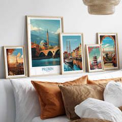 Prizren Kosovo Art Print showcased among artistic city posters in a stylish living room setting.