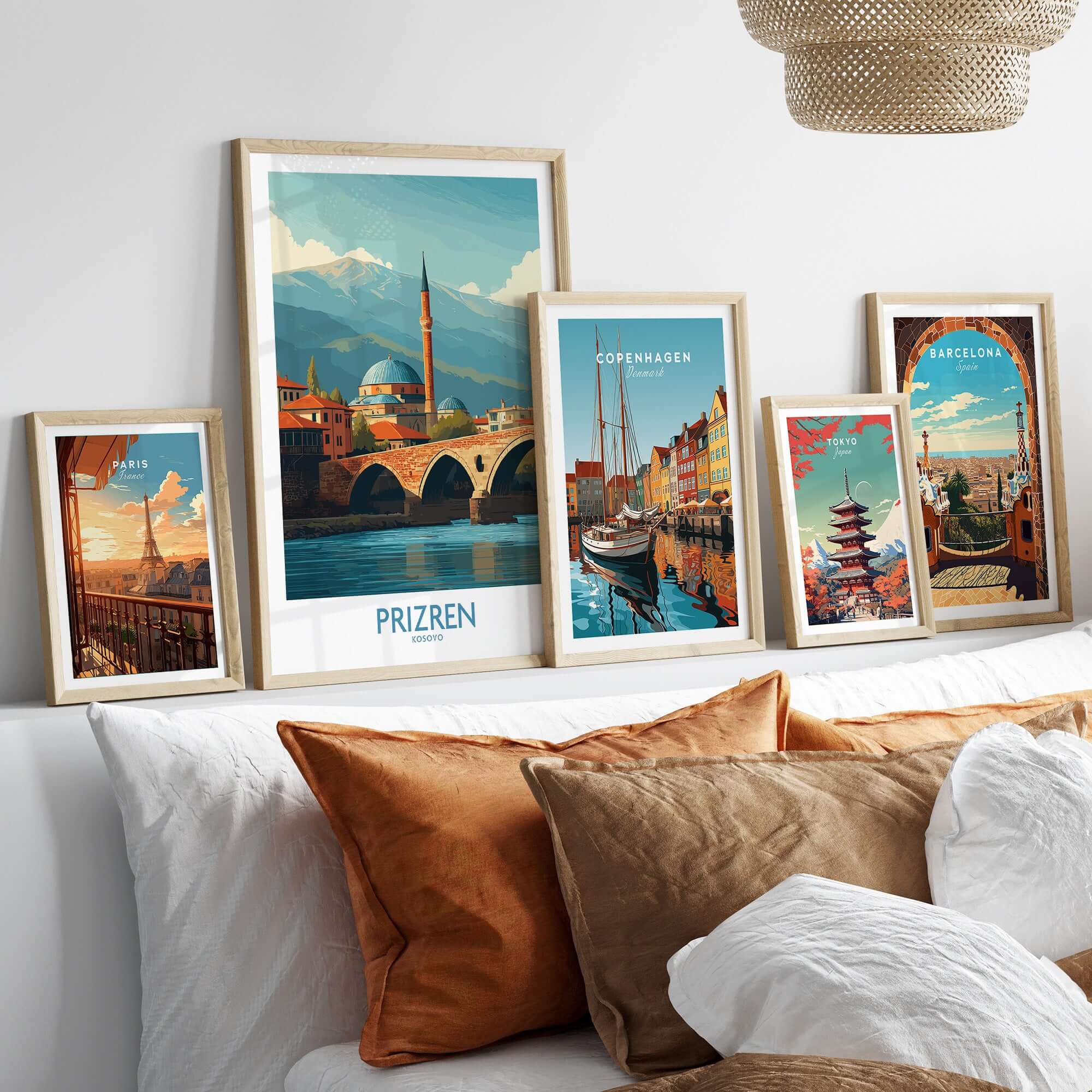 Prizren Kosovo Art Print showcased among artistic city posters in a stylish living room setting.