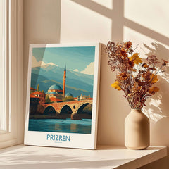 Prizren Kosovo Art Print featuring Prizren's historic architecture and scenic landscape in vibrant colors.