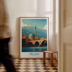 Prizren Kosovo Art Print showcasing the picturesque landscape of Prizren with its iconic bridge and mountains.