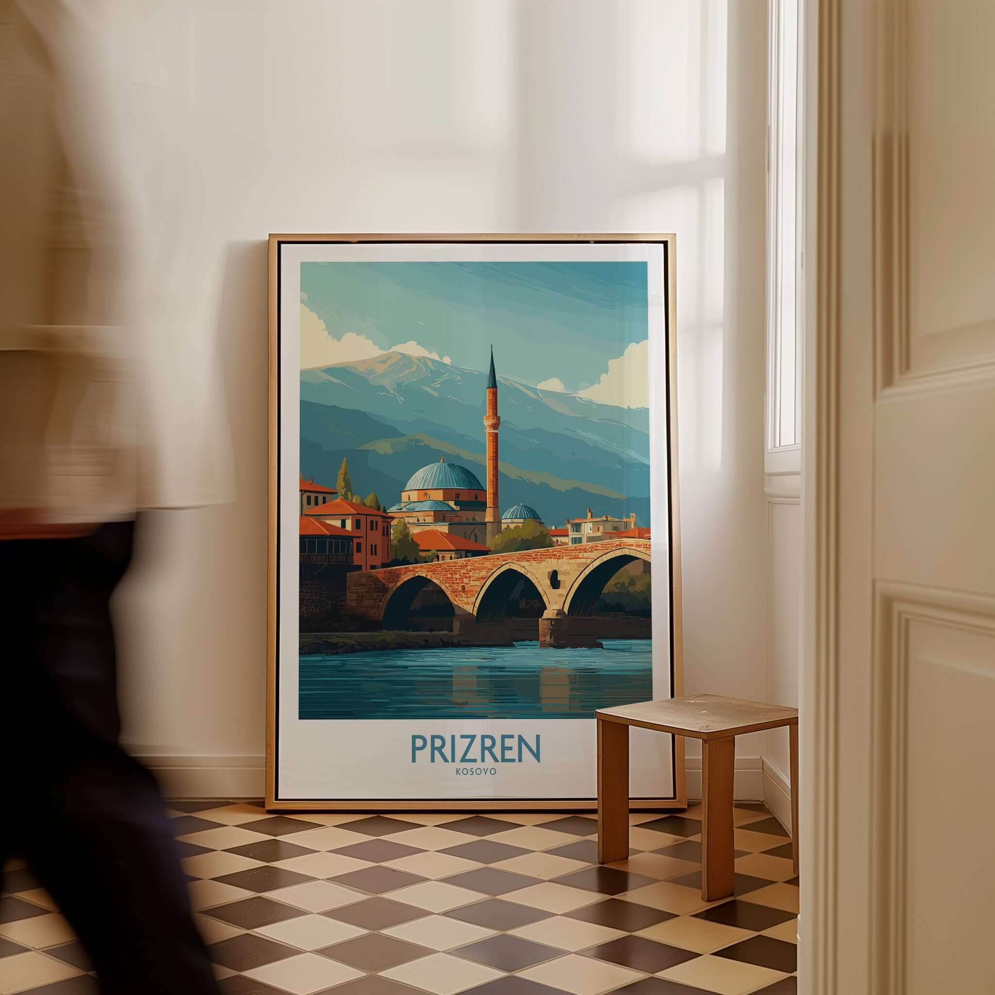 Prizren Kosovo Art Print showcasing the picturesque landscape of Prizren with its iconic bridge and mountains.