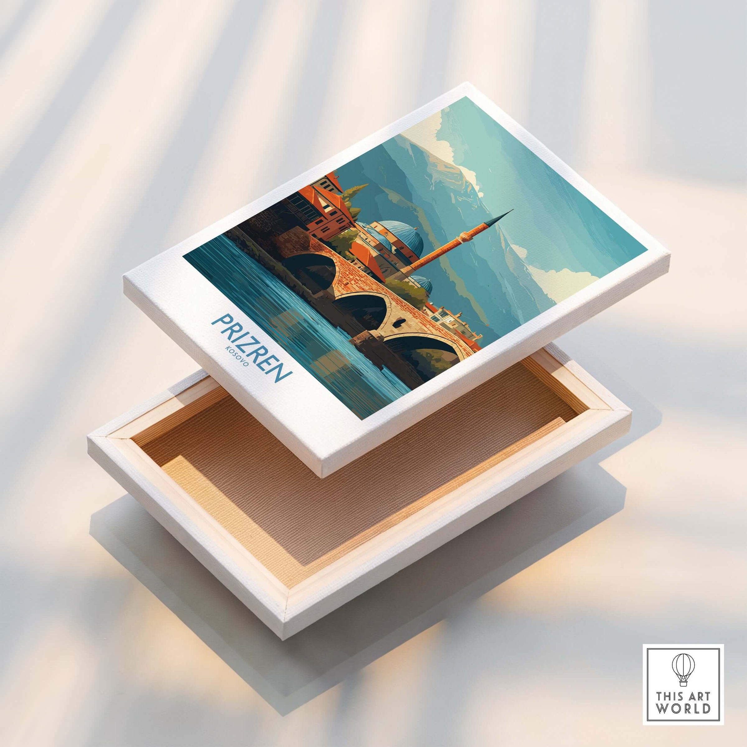 Prizren Kosovo Art Print displayed on a wooden box, showcasing the city's iconic landscapes and rich cultural heritage.