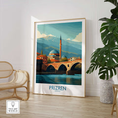 Prizren Kosovo Art Print showcasing the city's stunning architecture and river view in vibrant colors.
