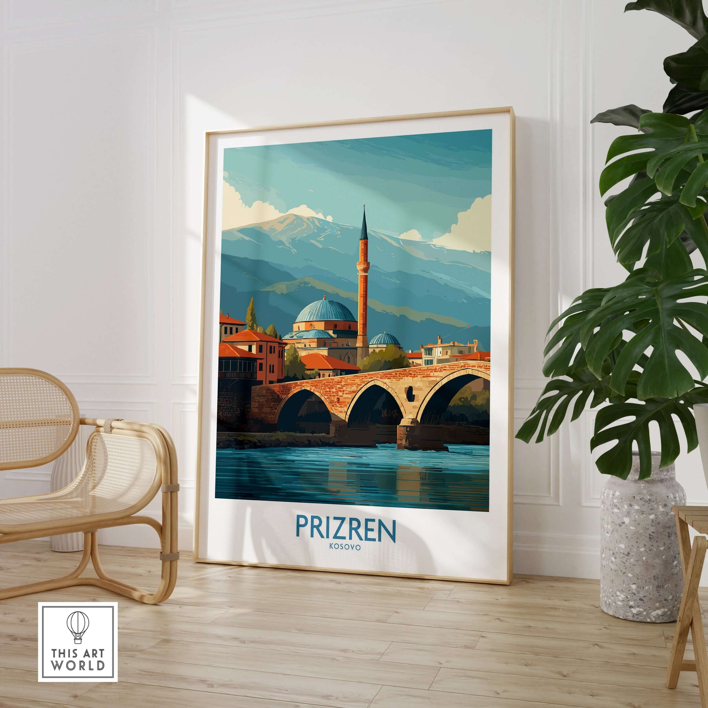 Prizren Kosovo Art Print showcasing the city's stunning architecture and river view in vibrant colors.