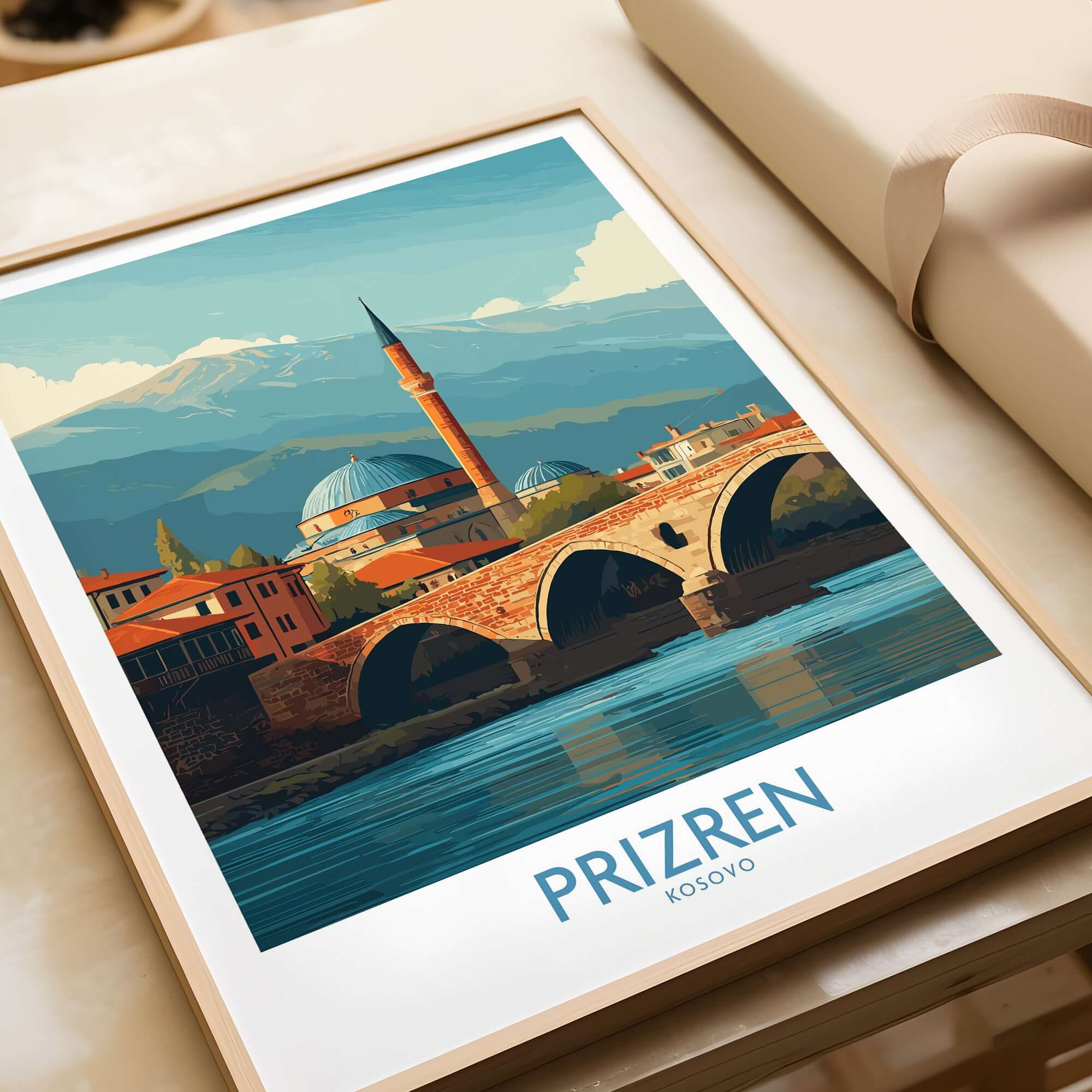 Prizren Kosovo Art Print showcasing the historic bridge and architecture of Prizren, capturing its enchanting beauty.