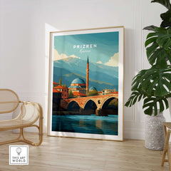 Prizren Bistrica River Old Town Canvas Print | Balkan Travel Wall Decor showcasing the charming architecture of Prizren.