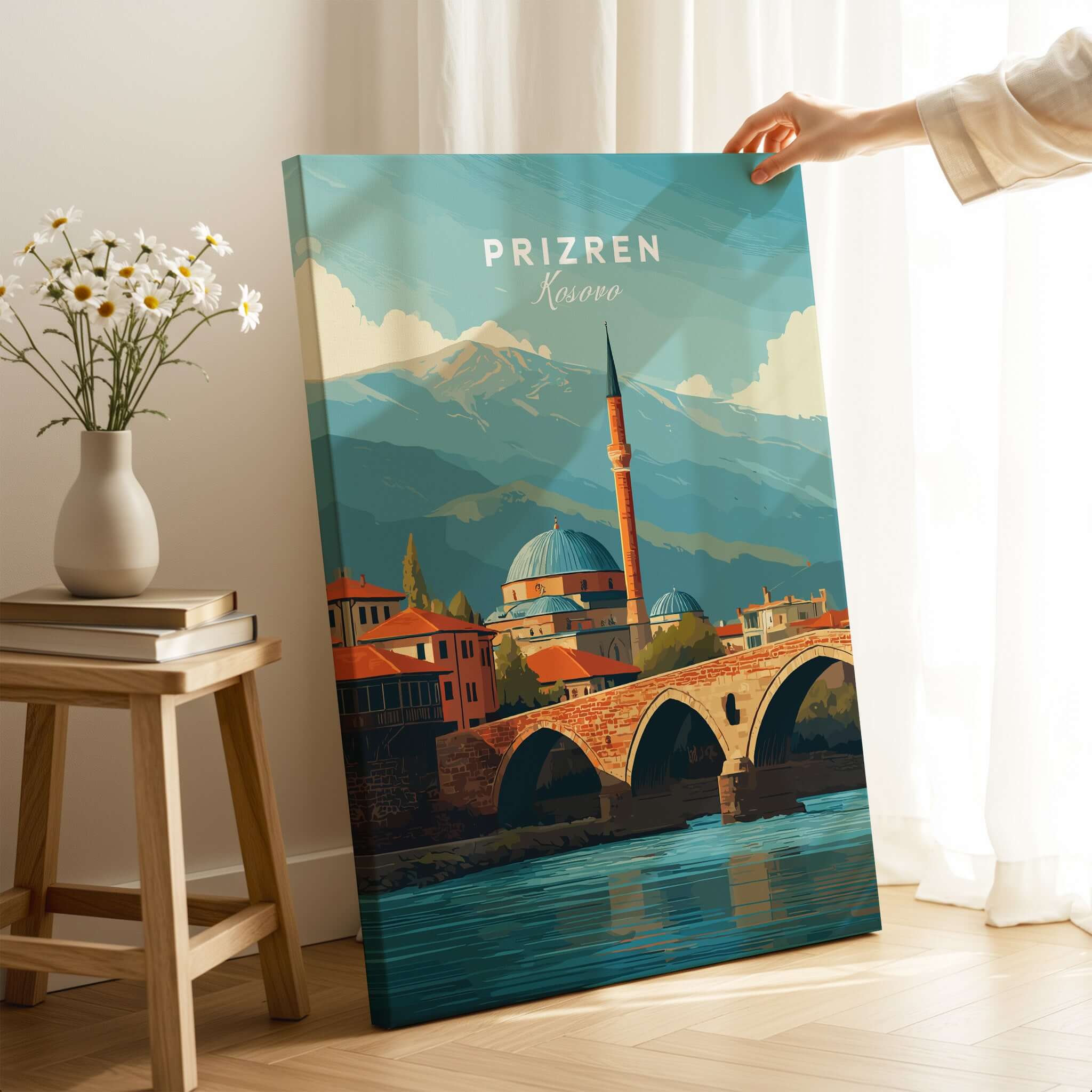 Prizren Bistrica River Old Town Canvas Print | Balkan Travel Wall Decor showcasing Prizren Kosovo with historic architecture.