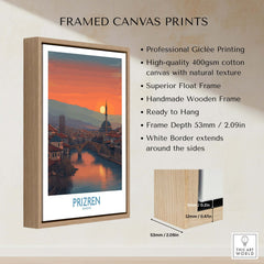 Prizren Kosovo Sunset Art Print | River Bistrica View Poster framed canvas print showcasing serene twilight landscape.