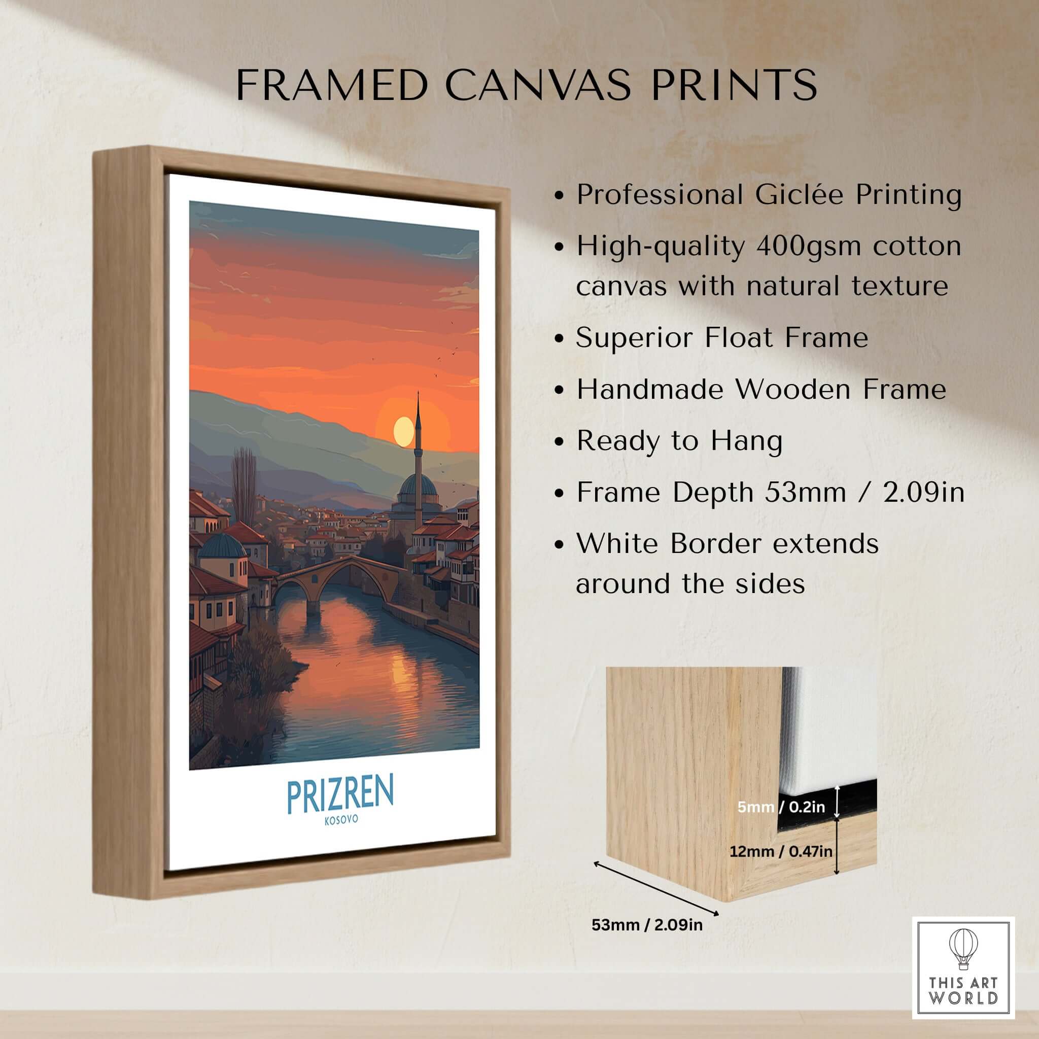 Prizren Kosovo Sunset Art Print | River Bistrica View Poster framed canvas print showcasing serene twilight landscape.