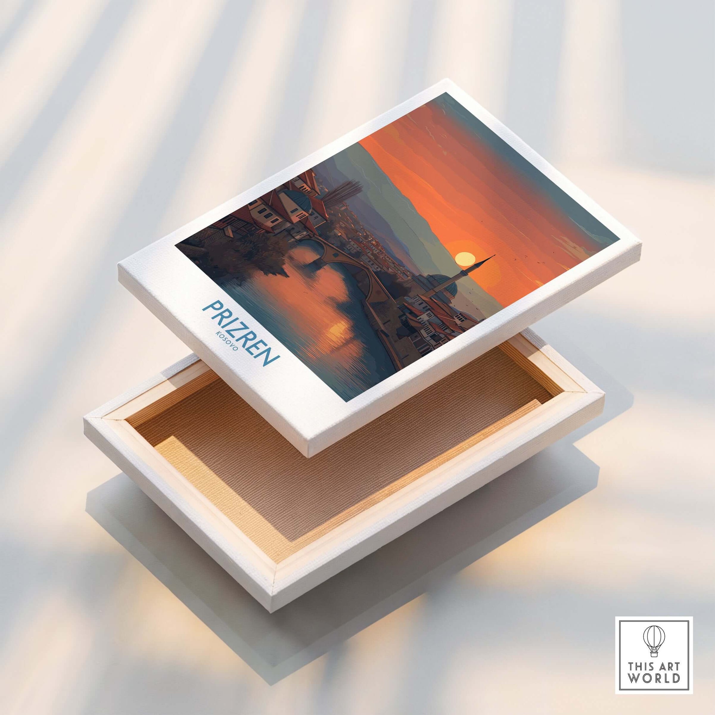 Prizren Kosovo Sunset Art Print | River Bistrica View Poster displayed on a box revealing its artistic design.