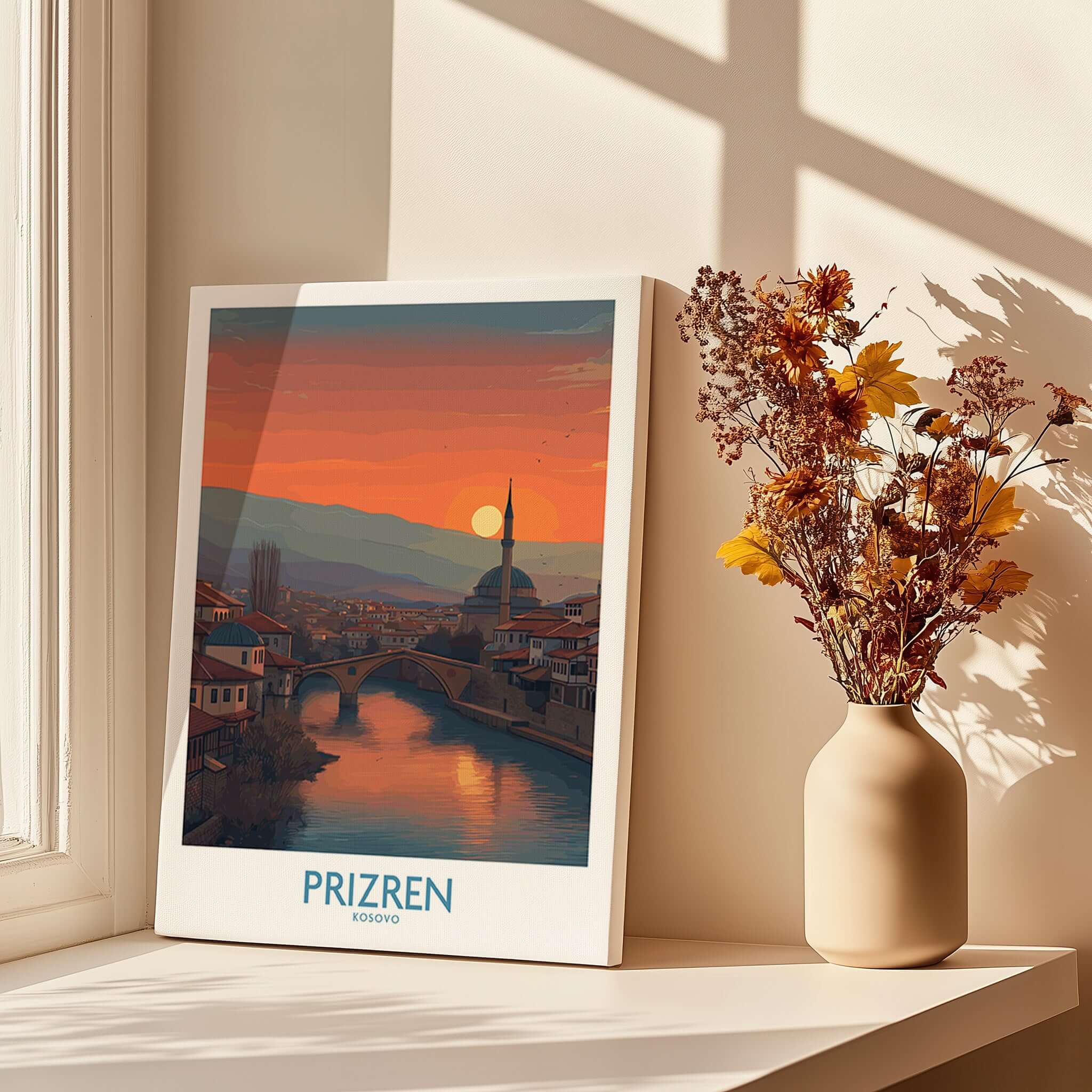 Prizren Kosovo Sunset Art Print | River Bistrica View Poster showcasing a sunset over the river and cityscape.