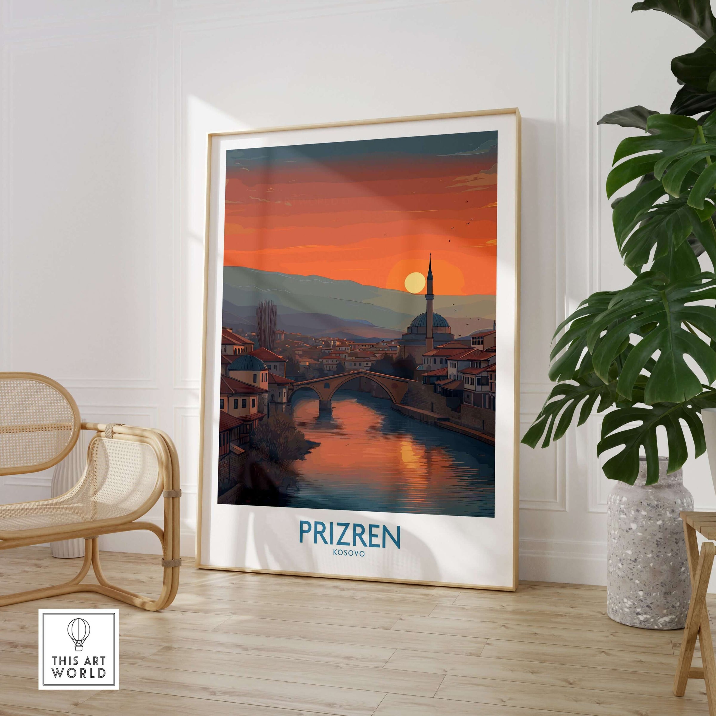 Prizren Kosovo Sunset Art Print | River Bistrica View Poster featuring a scenic sunset over the city and river.