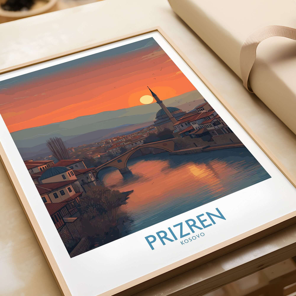 Prizren Kosovo Sunset Art Print | River Bistrica View Poster showcasing a vibrant sunset over the city and river.