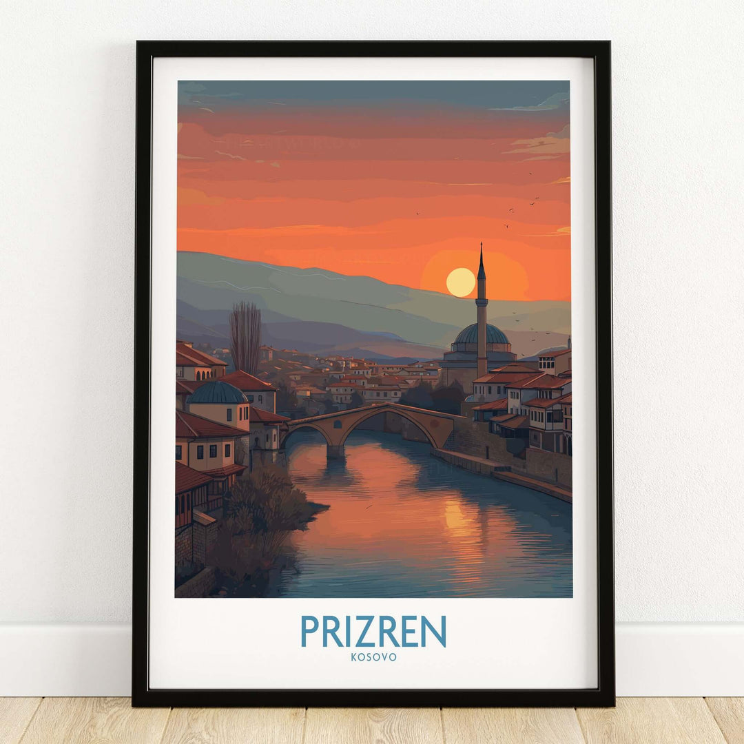 Prizren Kosovo Sunset Art Print | River Bistrica View Poster with sunset over historic Prizren and flowing river.
