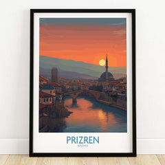 Prizren Kosovo Sunset Art Print | River Bistrica View Poster with sunset over historic Prizren and flowing river.